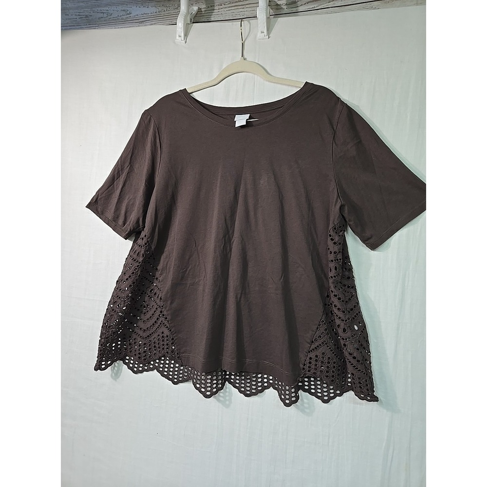 Chico's Womens 3 (XL) Eyelet Short Sleeve Crew Neck Shirt Blouse‎ Brown Cotton